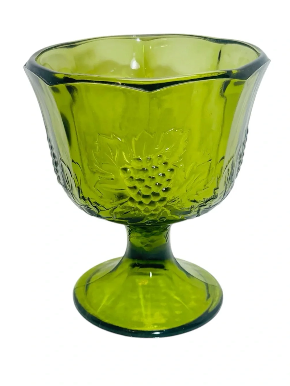 VTG Indiana Glass Avocado Green Harvest Grape Compote Candy Dish Trinket Dish